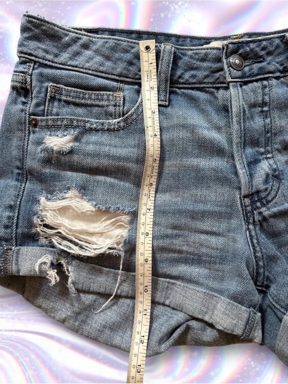 American Eagle Outfitters Distressed Rolled Hem Jean Shorts - Denim Blue